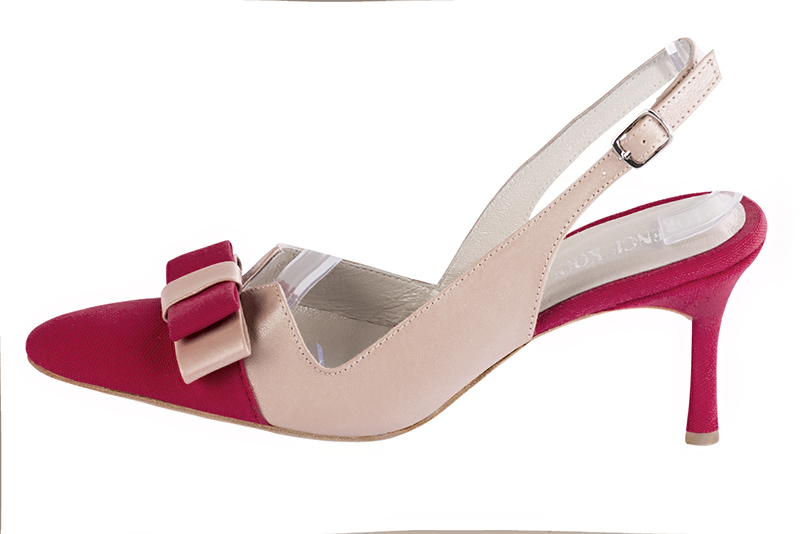 Raspberry red and powder pink women's open back shoes, with a knot. Tapered toe. High slim heel. Profile view - Florence KOOIJMAN